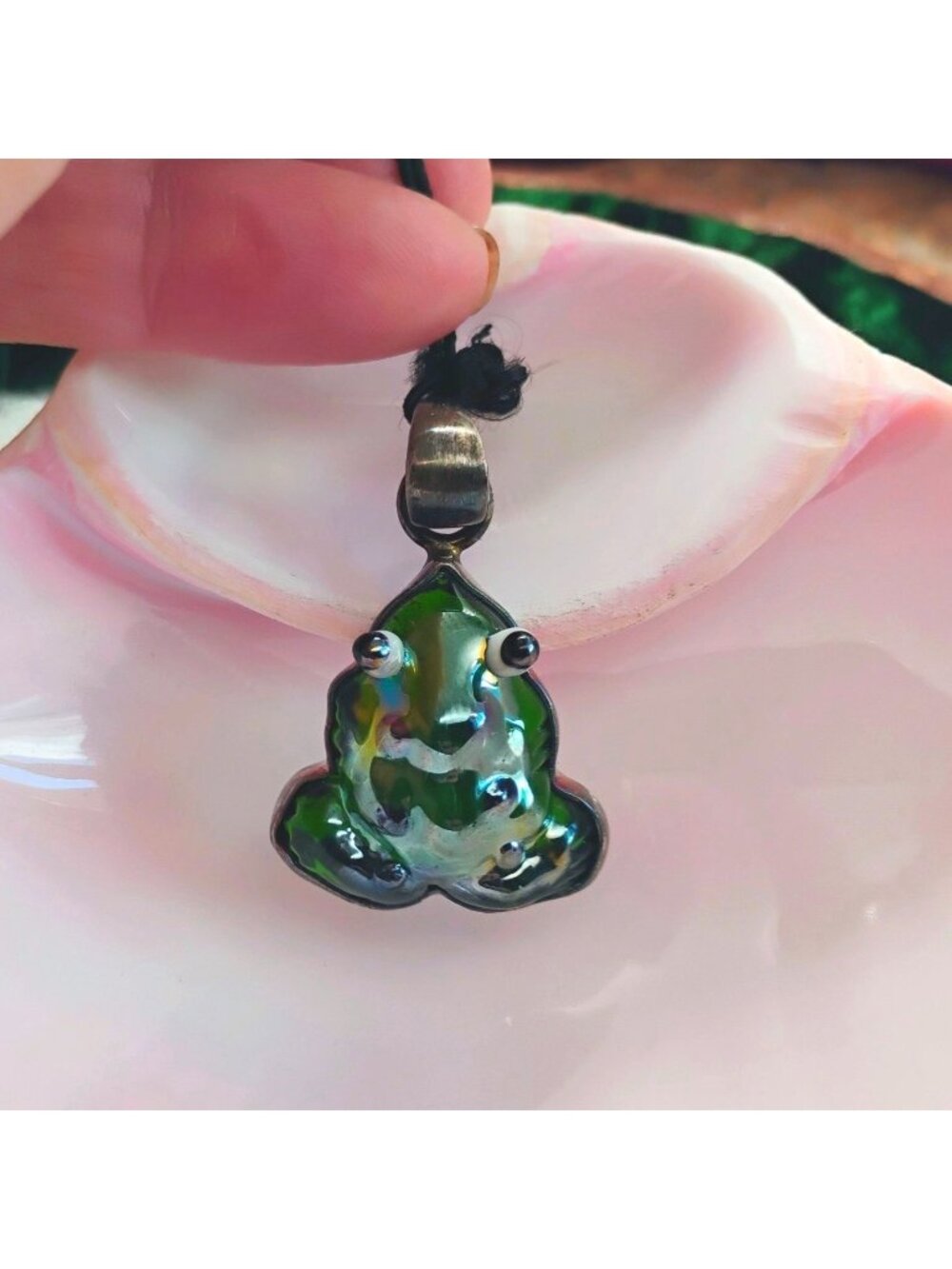 Charles Albert Green Dichroic Art Glass Frog Pendant in Sterling Silver